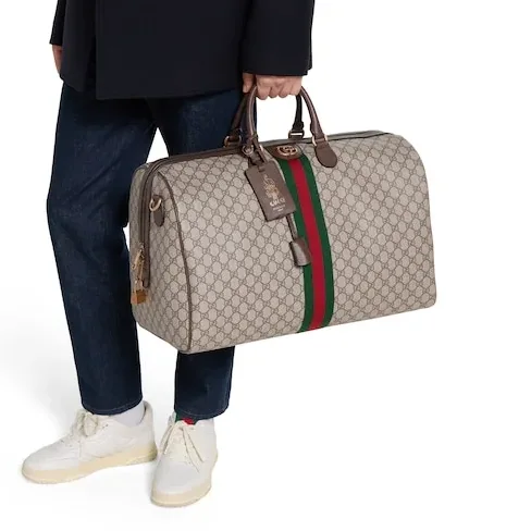Gucci Savoy Large Duffle Travel Bag / Beige/ Dark Brown Gold Hardware