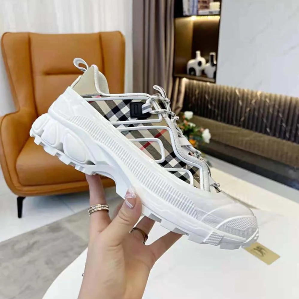 Burberry Vintage Check Cotton and Leather Arthur Sneakers for Women in White Burberry Vintage Check Cotton and Leather Arthur Sneakers for Women in White