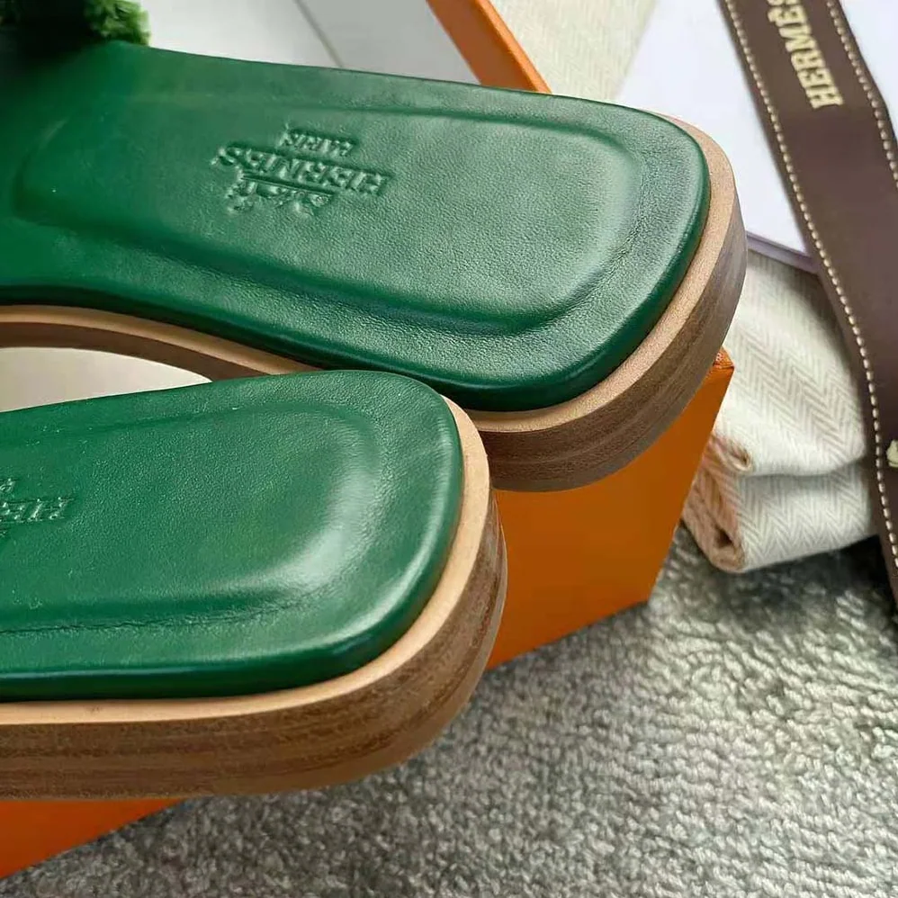 Hermes Oran Sandal in Fringed H Canvas for Women in Green