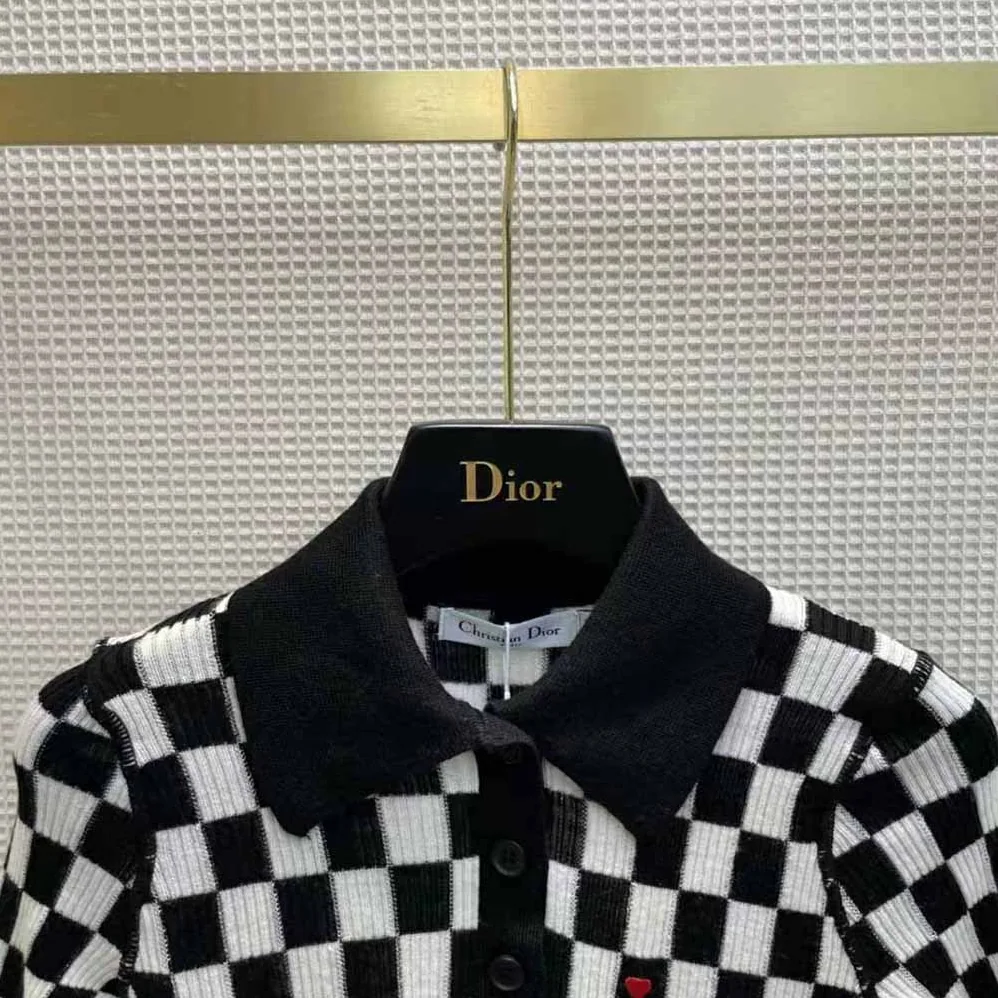 Dior Dioramour Polo Shirt Black and White D-Chess Heart Cashmere Knit and Silk for Women Dior Dioramour Polo Shirt Black and White D-Chess Heart Cashmere Knit and Silk for Women