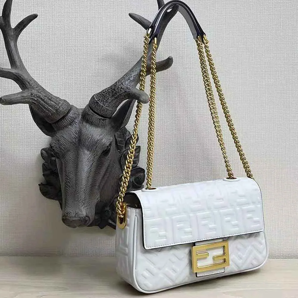 Fendi Baguette Chain Midi Light Gray Leather Bag for Women in White