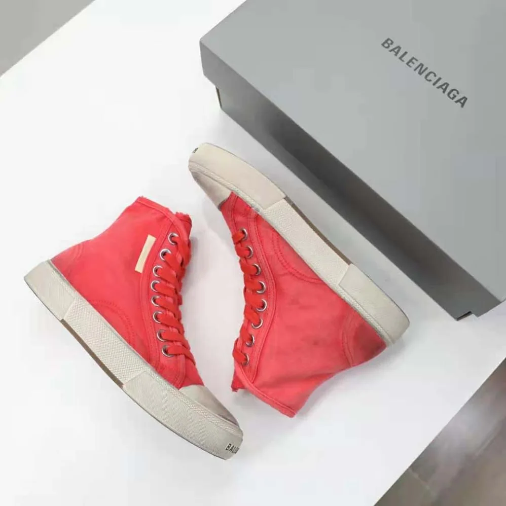 Balenciaga Paris High Top Sneaker in Red Destroyed Cotton and White Rubber for Unisex Balenciaga Paris High Top Sneaker in Red Destroyed Cotton and White Rubber for Unisex