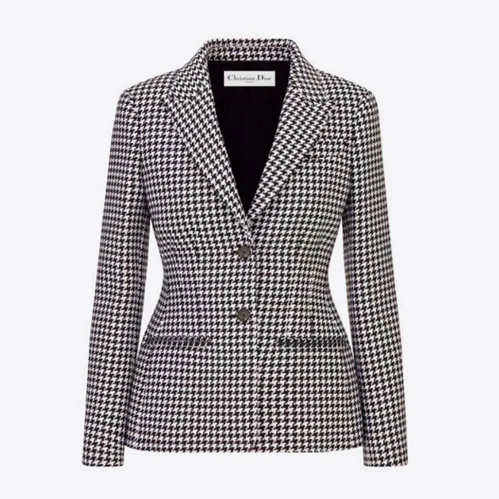 Dior Fitted Jacket Black and White Wool Twill and Silk with Micro Houndstooth Motif for Women
