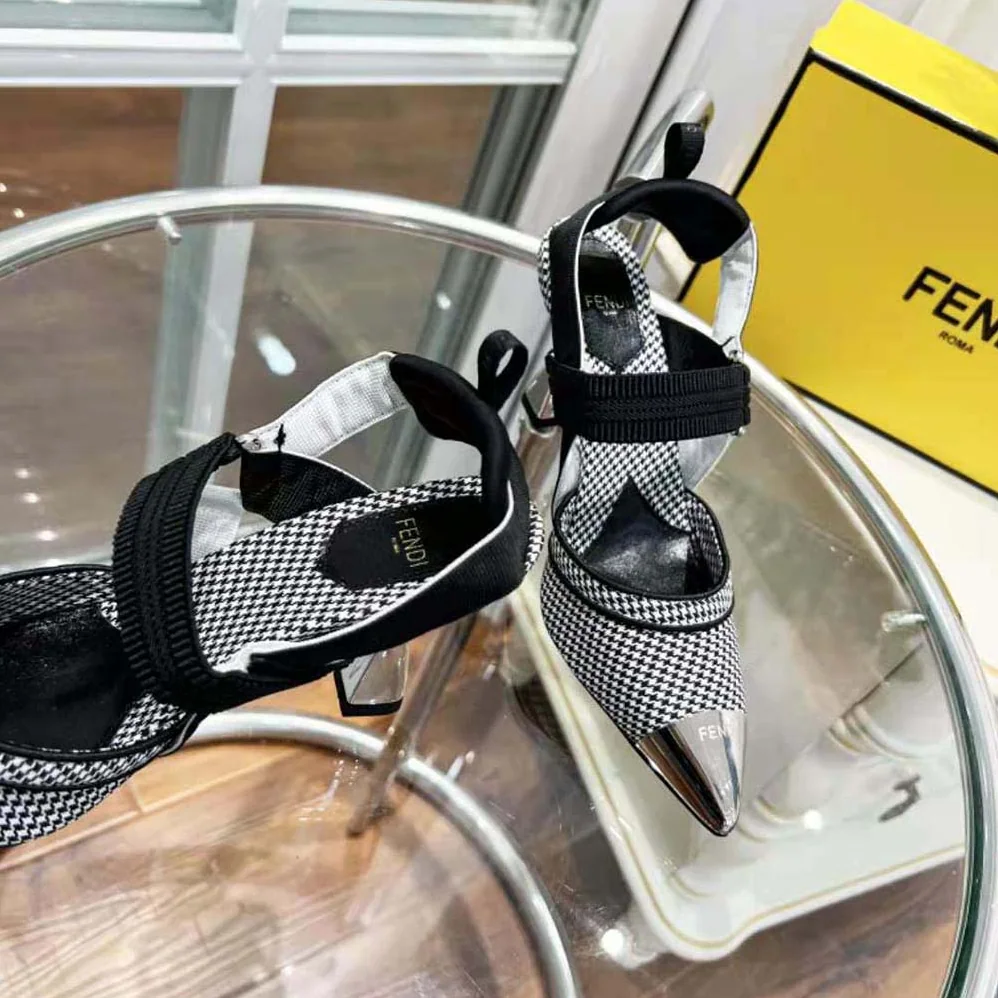 Fendi Colibrì High-Heeled Slingbacks in Black Houndstooth Fabric for Women Fendi Colibrì High-Heeled Slingbacks in Black Houndstooth Fabric for Women