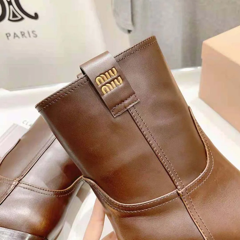 Miu Miu Leather Booties with Hot-stamped Logo for Women in Maroon