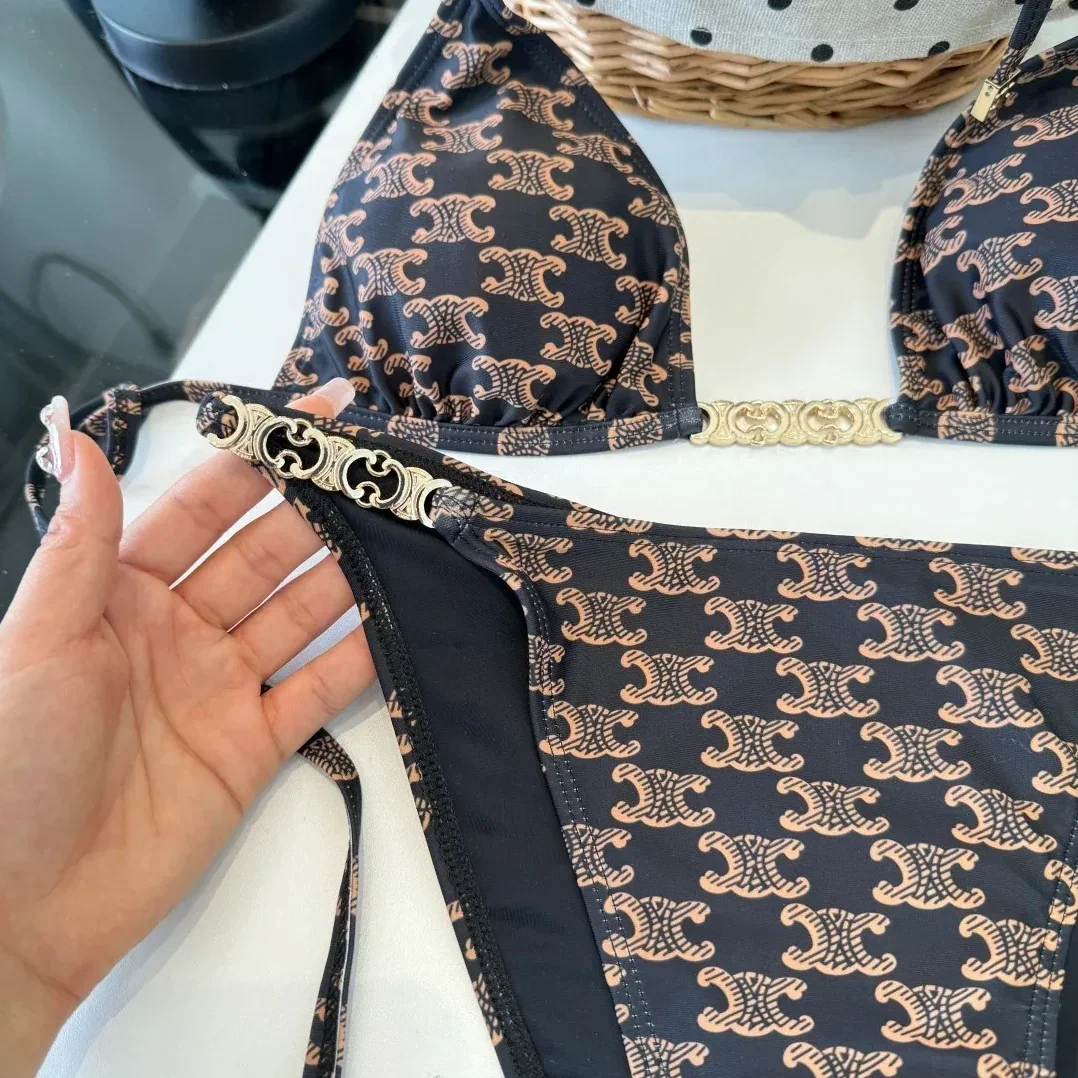 Celine Triomphe Monogram Triangle Bikini Black in Gold Celine Triomphe Monogram Triangle Bikini Black in Gold