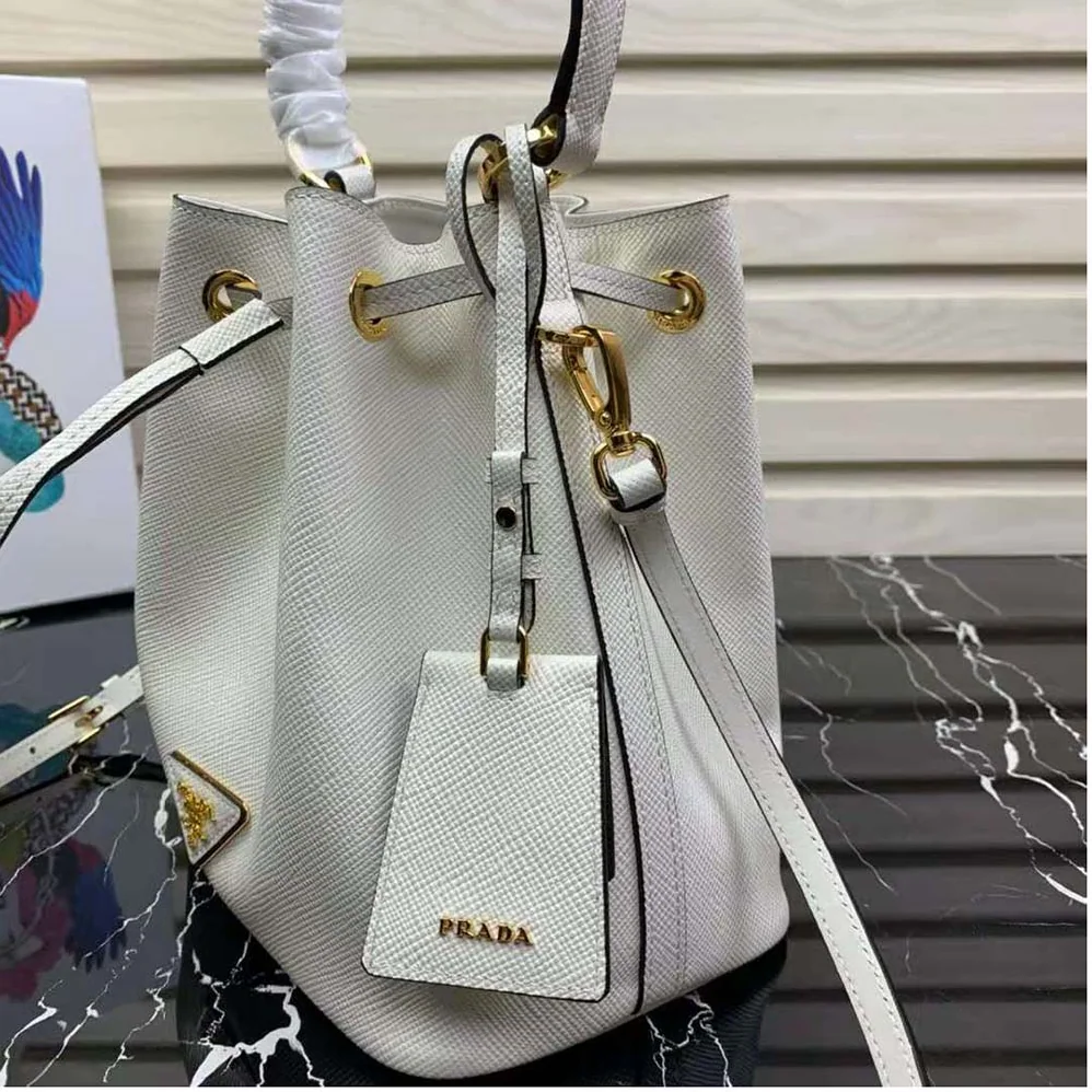 Prada Saffiano Leather Bucket Bag for Women in White Prada Saffiano Leather Bucket Bag for Women in White