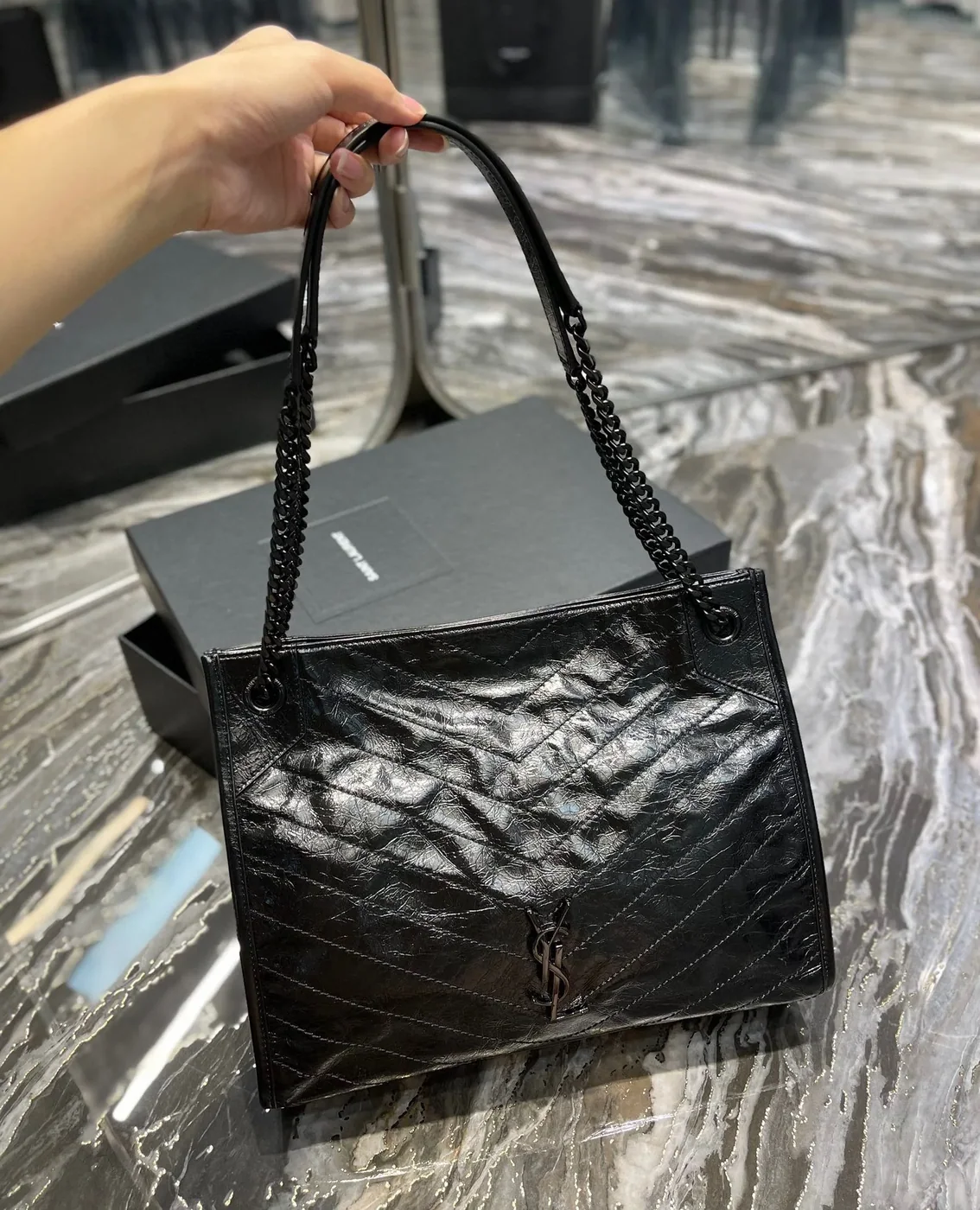 Saint Laurent Niki Shopping Medium Tote Bag in Black Silver Hardware