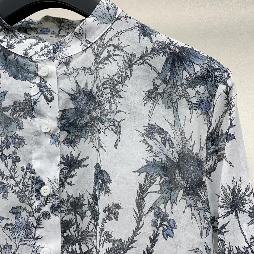 Dior Long Blouse White Cotton Muslin with Blue Dior Chardons Motif for Women