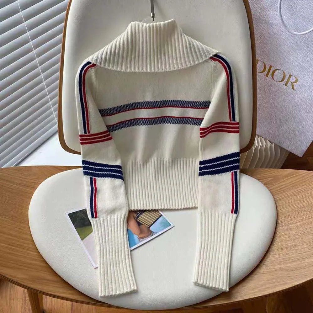 Dior Dioralps Stand Collar Sweater White Three-Tone Dior Star Wool Knit and Cashmere for Women Dior Dioralps Stand Collar Sweater White Three-Tone Dior Star Wool Knit and Cashmere for Women