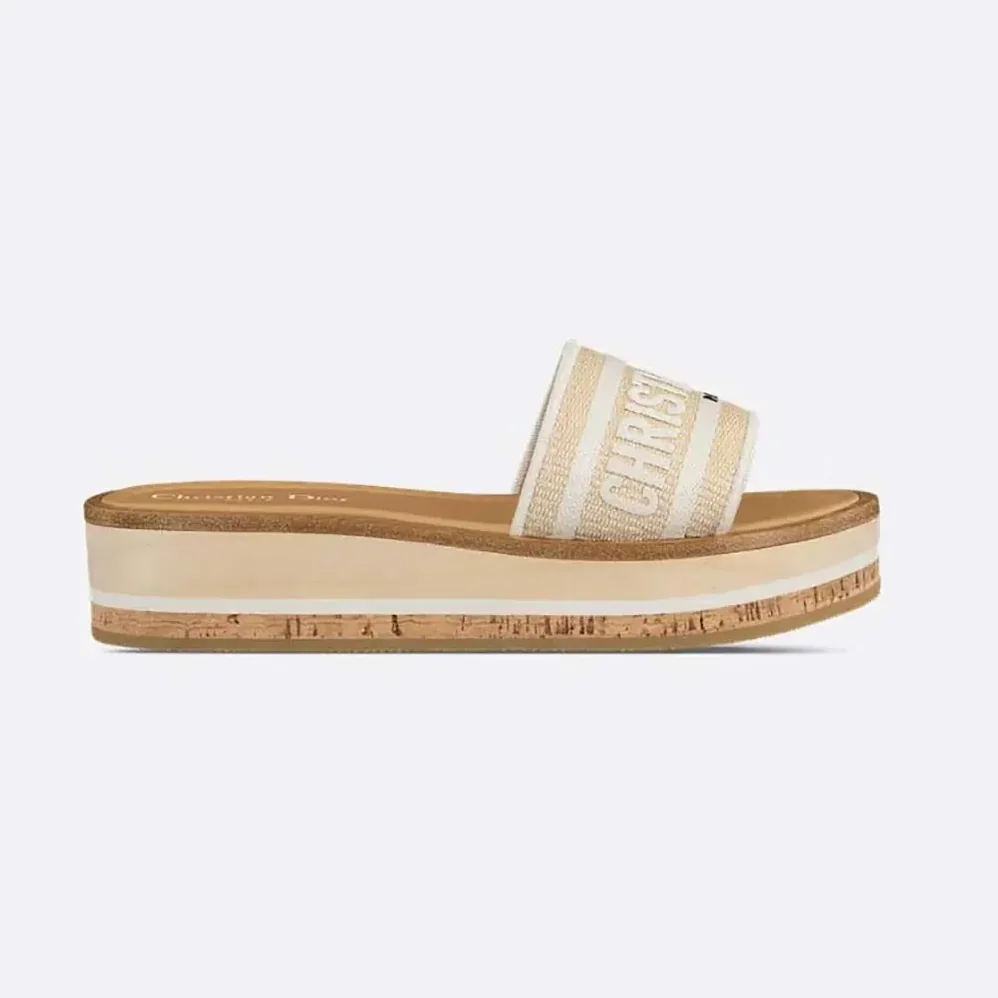 Dior Dway Platform Slide Natural Raffia and White Embroidered Cotton for Women