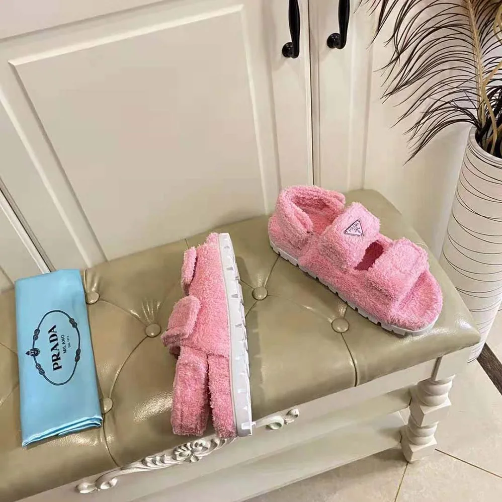 Prada Terrycloth Sandals with Enameled Metal Triangle Logo for Women in Pink