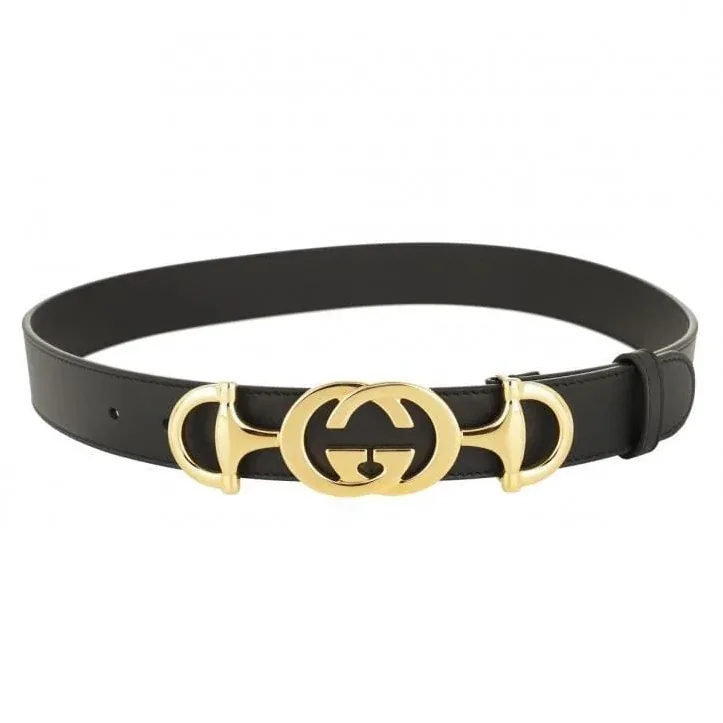 Interlock Buckle Black Leather Belt