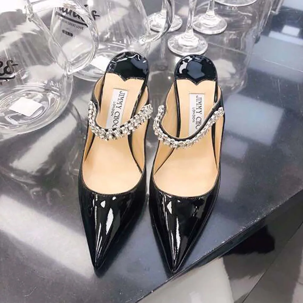 Jimmy Choo Shoes Bing 65 Black Patent Leather Mules with Crystal Strap for Women Jimmy Choo Shoes Bing 65 Black Patent Leather Mules with Crystal Strap for Women