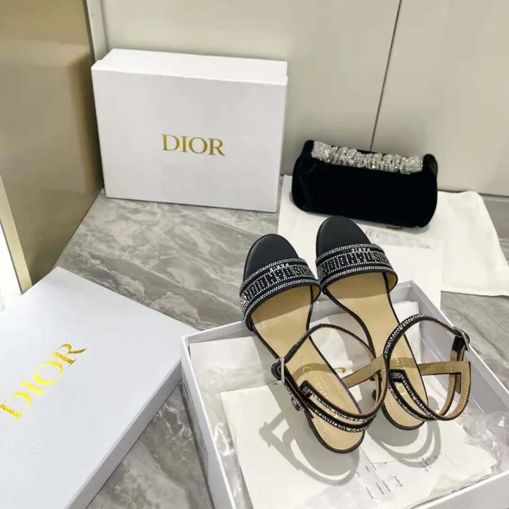 Dior Dway Heeled Sandal Black Cotton Embroidered with Thread and Silver for Women in Tone Strass