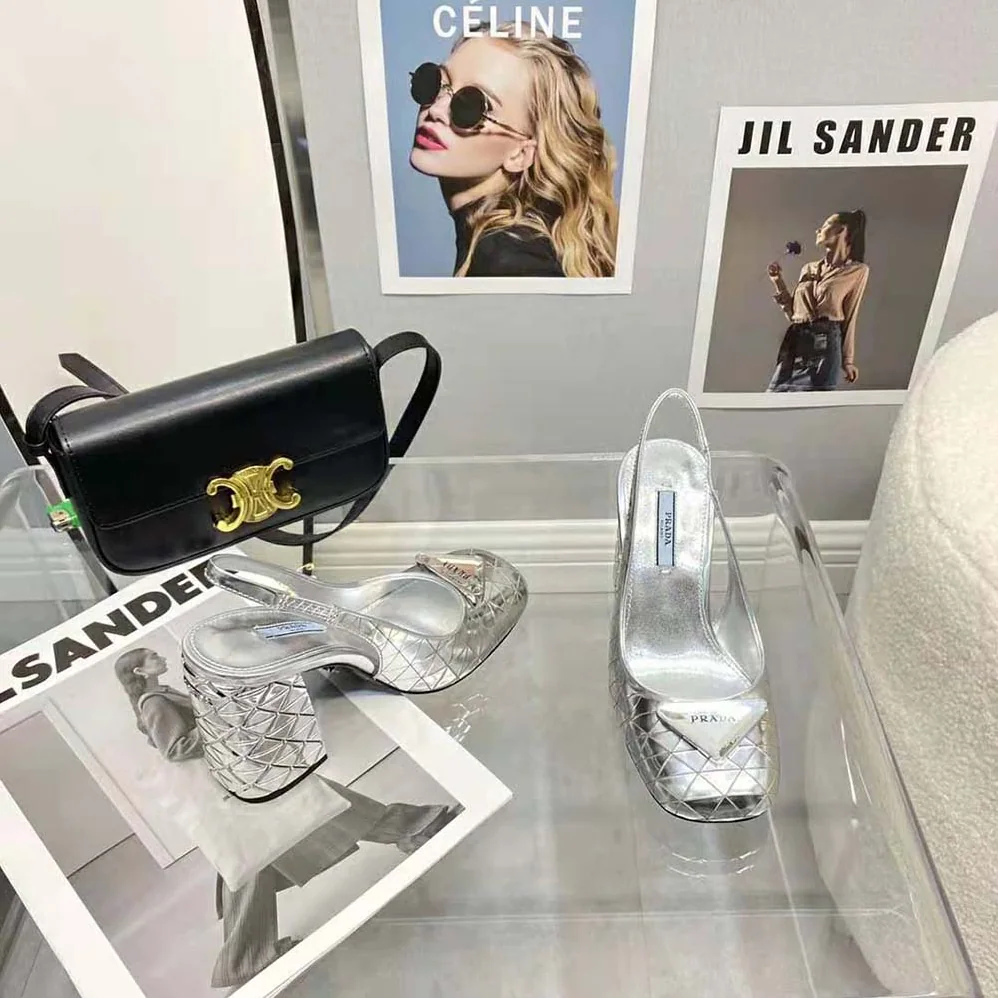 Prada Metallic Leather Slingback Pumps for Women in Silver Prada Metallic Leather Slingback Pumps for Women in Silver