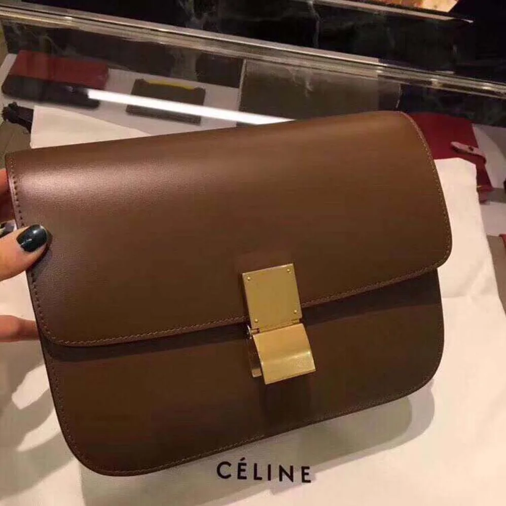 Celine Small Classic Bag in Box Calfskin Leather for Women in Brown