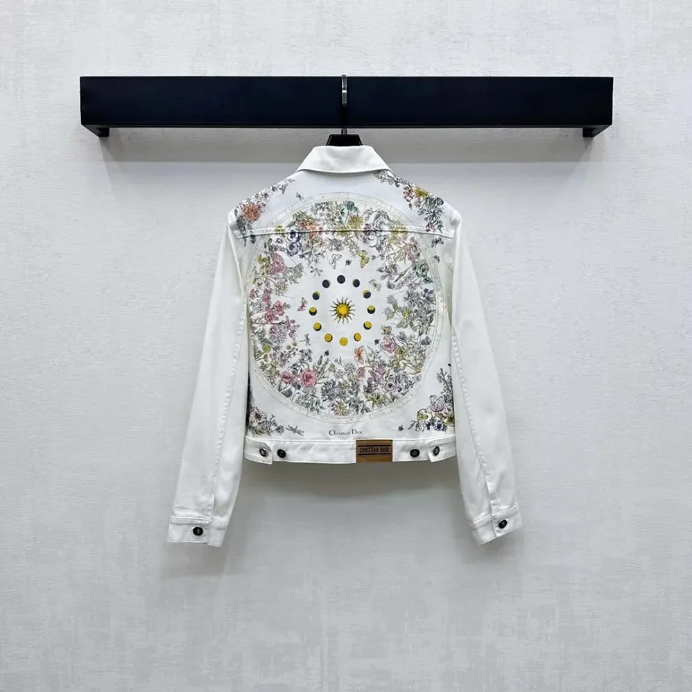 Dior Jacket White Cotton Denim with Multicolor Dior Astral Flowers Motif for Women Dior Jacket White Cotton Denim with Multicolor Dior Astral Flowers Motif for Women