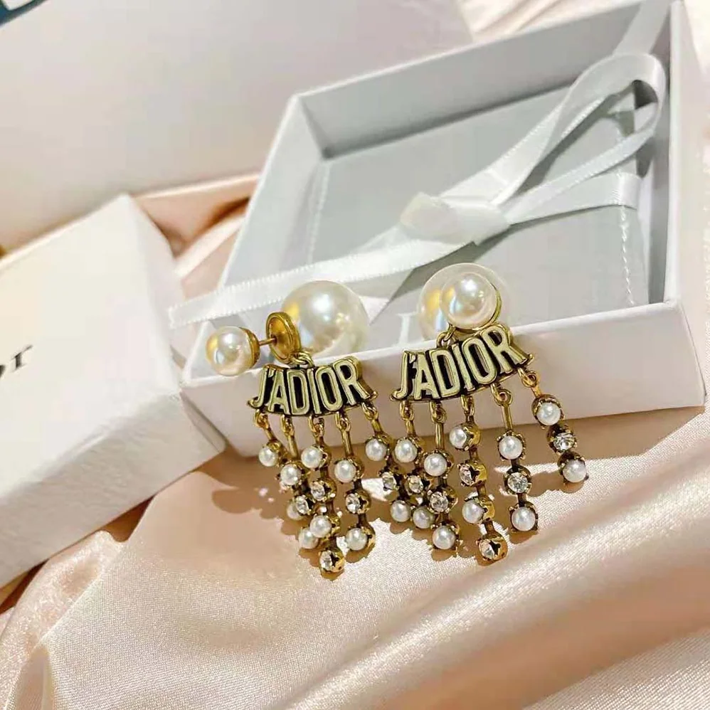 Dior Tribales Earrings Antique Gold-Finish Metal with White Resin Pearls for Women Dior Tribales Earrings Antique Gold-Finish Metal with White Resin Pearls for Women