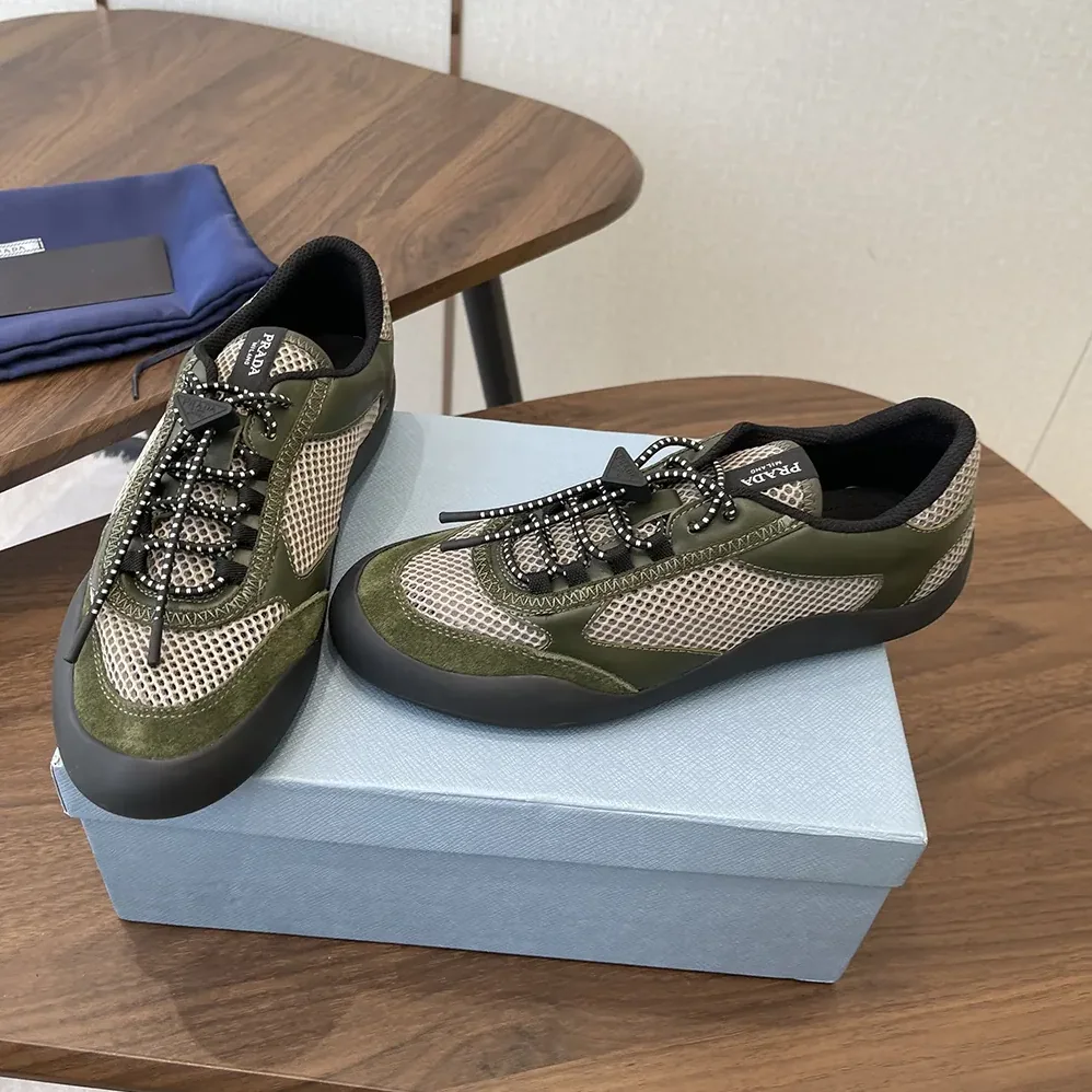 Prada Speedrock Leather And Mesh Fabric Sneakers for Unisex in Dark Green