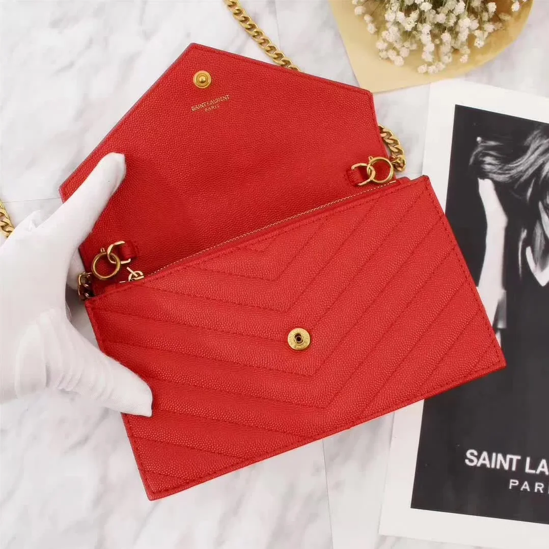 Saint Laurent YSL Medium Monogram Envelope Chain Wallet Gold Hardware in Red