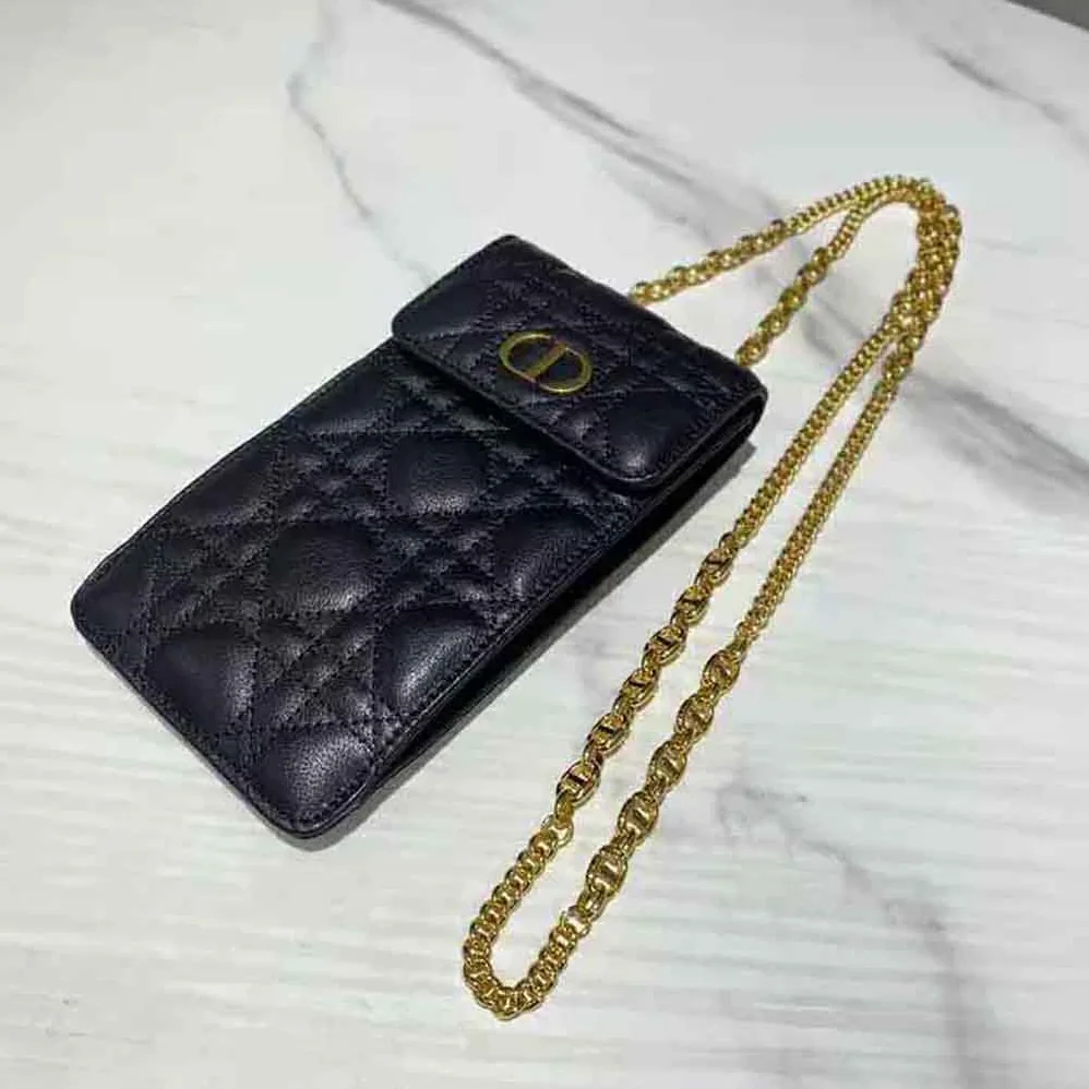 Dior Caro Phone Holder with Chain Black Supple Cannage Calfskin for Women