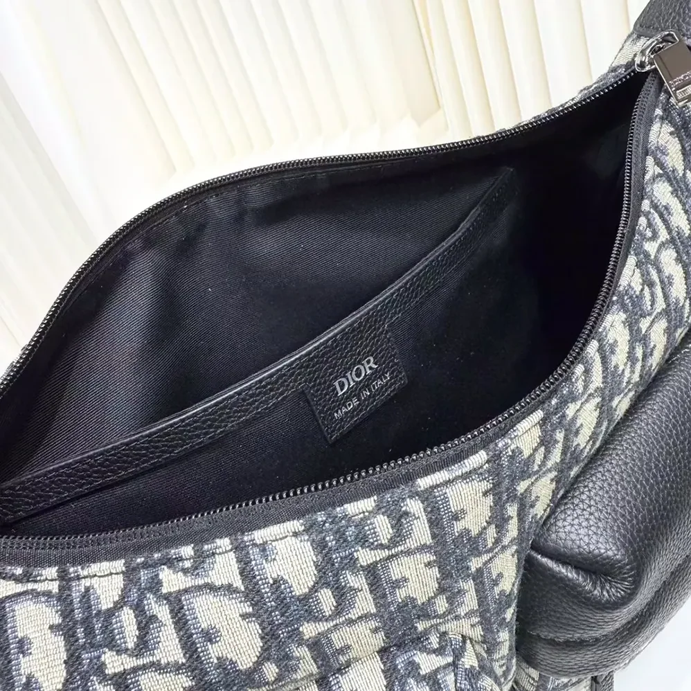 Dior Medium Rider Soft Hobo Bag Beige and Black Dior Oblique Jacquard with Black Grained Calfskin for Men