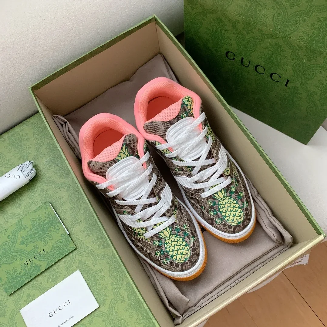 Gucci Basket Sneaker Print Pineapple Brown Pink for Women Gucci Basket Sneaker Print Pineapple Brown Pink for Women