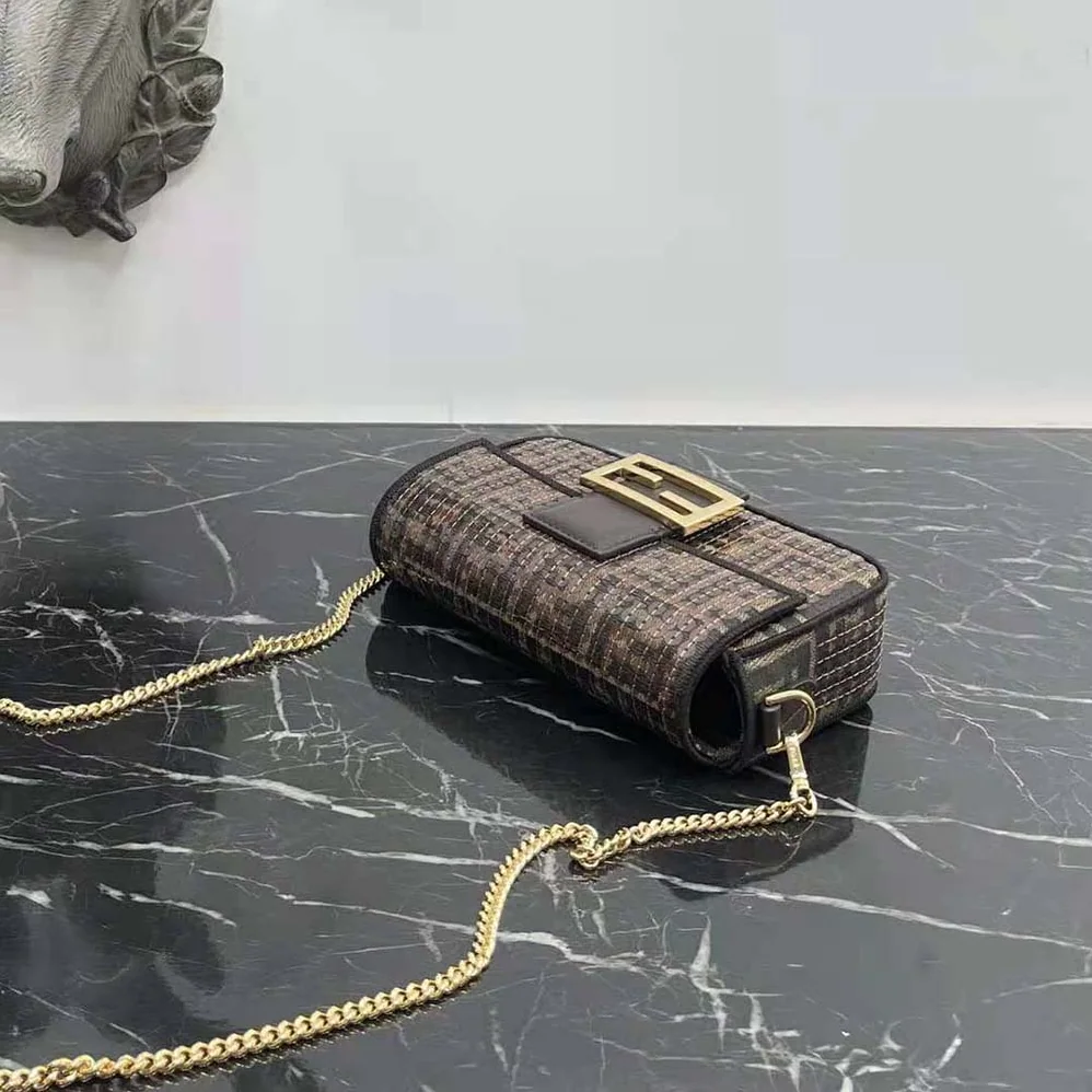 Fendi Baguette Mini Brown FF Jacquard Fabric Bag with Sequins for Women Fendi Baguette Mini Brown FF Jacquard Fabric Bag with Sequins for Women