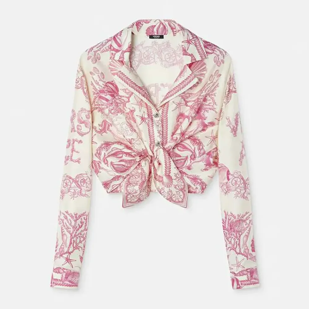 Versace Underwater Barocco Knotted Crop Silk Shirt for Women Versace Underwater Barocco Knotted Crop Silk Shirt for Women