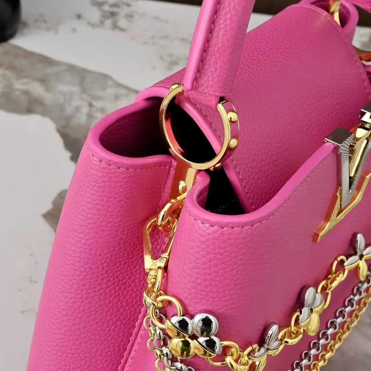 Louis Vuitton Capucines BB Top Handle Bag in Raspberry Silver/ Gold Hardware
