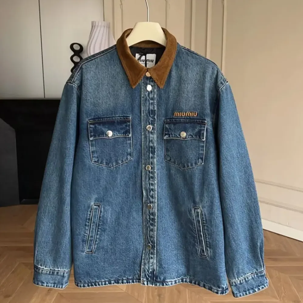 Miu Miu Denim Down Jacket with Embroidered Logo for Women