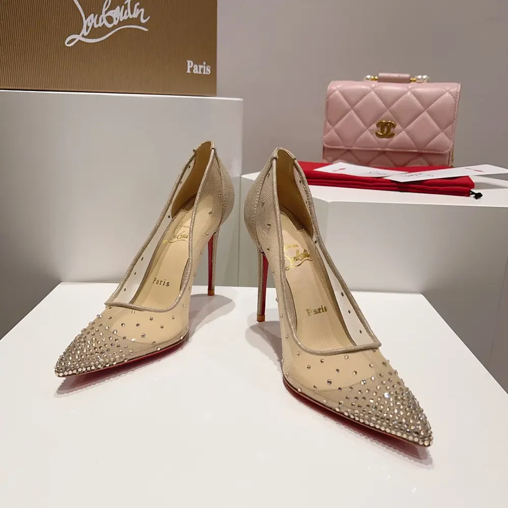 Christian Louboutin Follies Strass 100 mm Pumps Net Suede Calf and Strass for Women in Beige Christian Louboutin Follies Strass 100 mm Pumps Net Suede Calf and Strass for Women in Beige