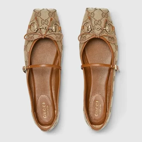 Gucci Horsebit Ballet Flats Beige in Dark Brown Canvas