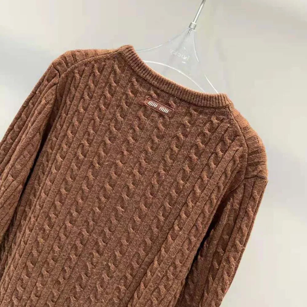Miu Miu Cashmere Sweater with Knit Logo Patch for Women in Brown Miu Miu Cashmere Sweater with Knit Logo Patch for Women in Brown