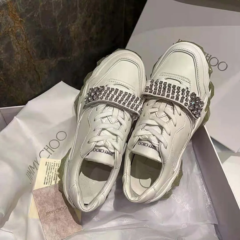 Jimmy Choo Diamond X Strap/F White Calf Leather Low Top Trainers with Crystal Strap for Women