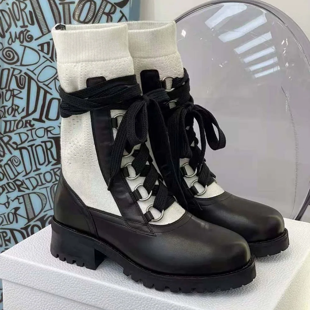 Dior Diorland Lace-up Boot Black Calfskin and White Cotton for Women Dior Diorland Lace-up Boot Black Calfskin and White Cotton for Women