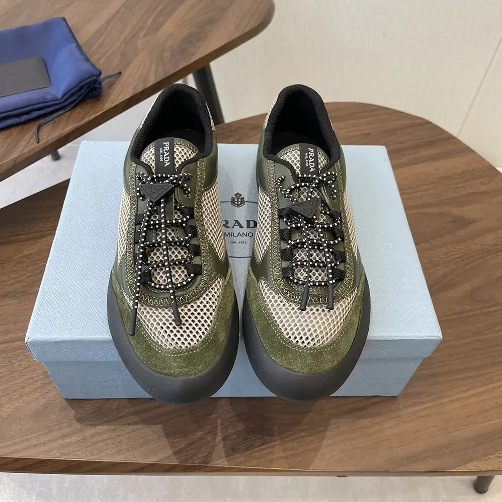 Prada Speedrock Leather And Mesh Fabric Sneakers for Unisex in Dark Green