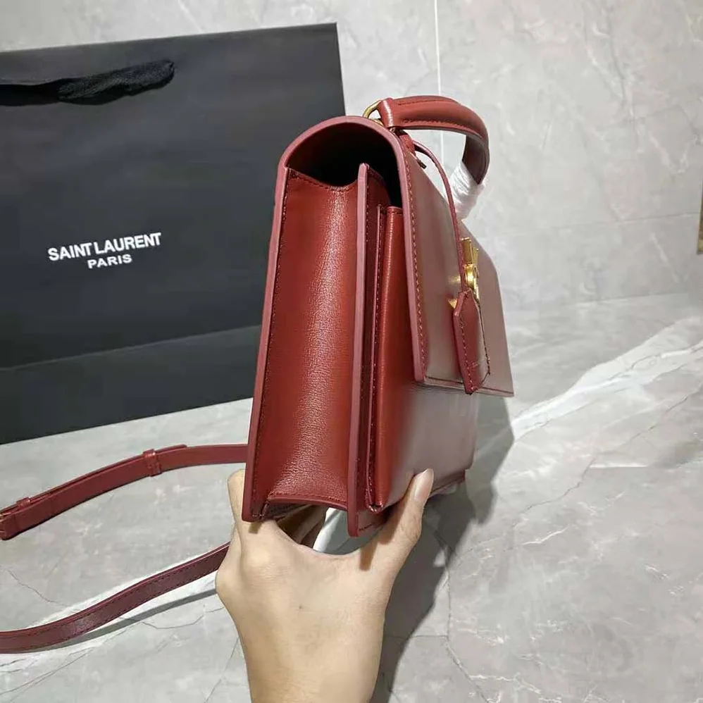 Saint Laurent YSL Medium Sunset Satchel in Smooth Leather for Women in Maroon