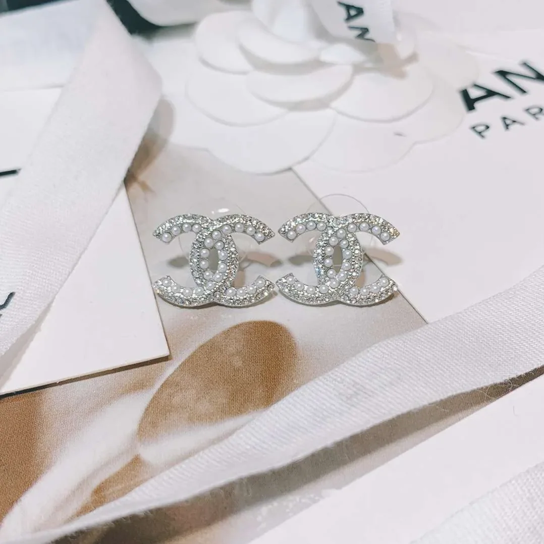 Chanel Rhinestone Double C Earrings Silver Chanel Rhinestone Double C Earrings Silver
