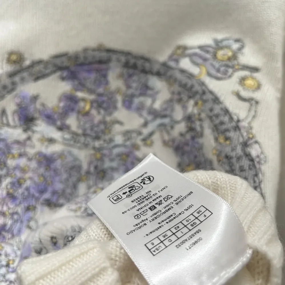 Dior Embroidered Sweater Ecru Cashmere Knit with Blue Dior Night of Dreams Motif for Women Dior Embroidered Sweater Ecru Cashmere Knit with Blue Dior Night of Dreams Motif for Women