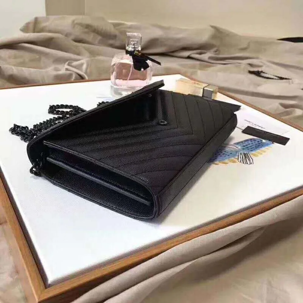Saint Laurent Monogram Chain Wallet Grain De Poudre Embossed in Black