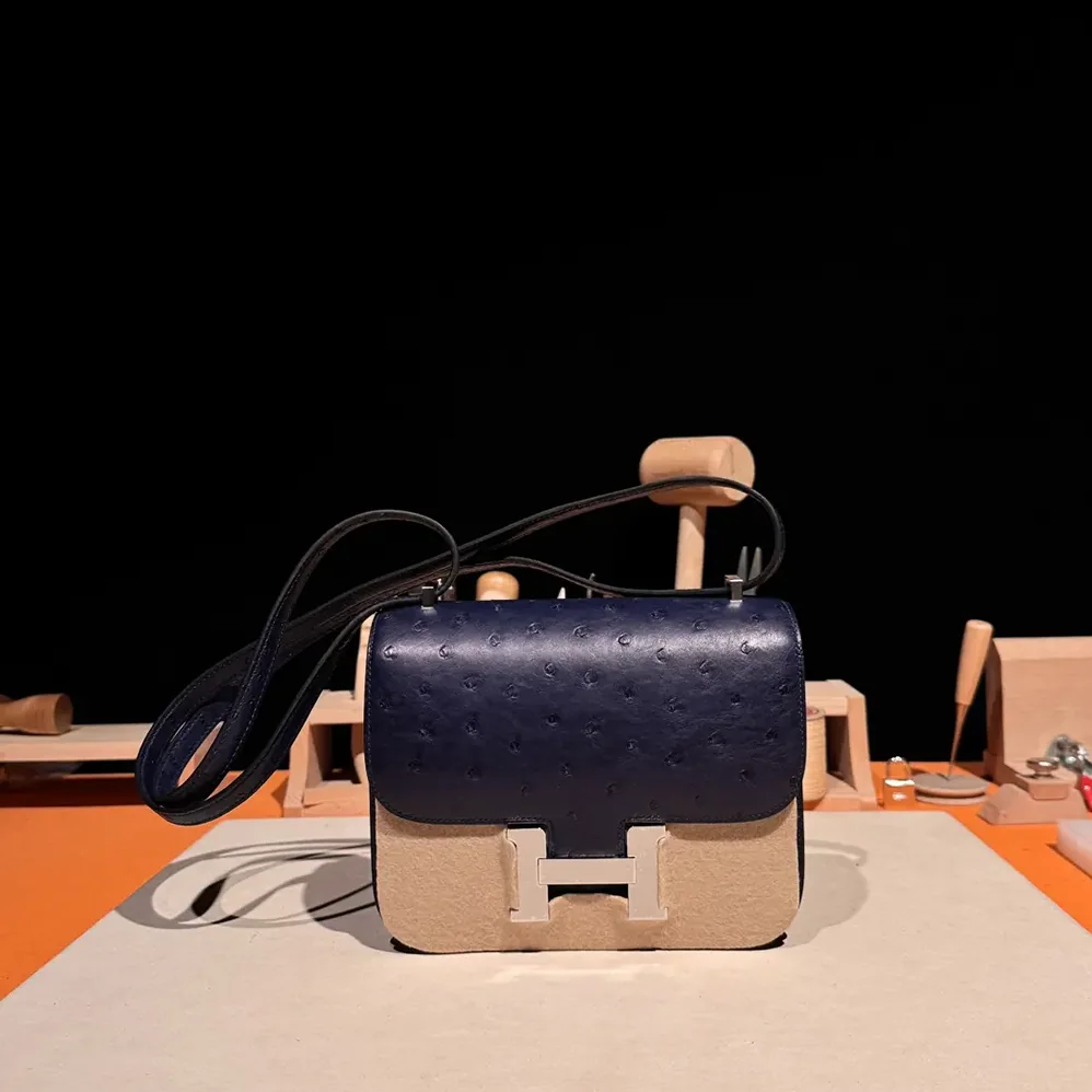 Hermes Constance 19 Bag Nata Ostrich Leather for Women in Navy/Silver