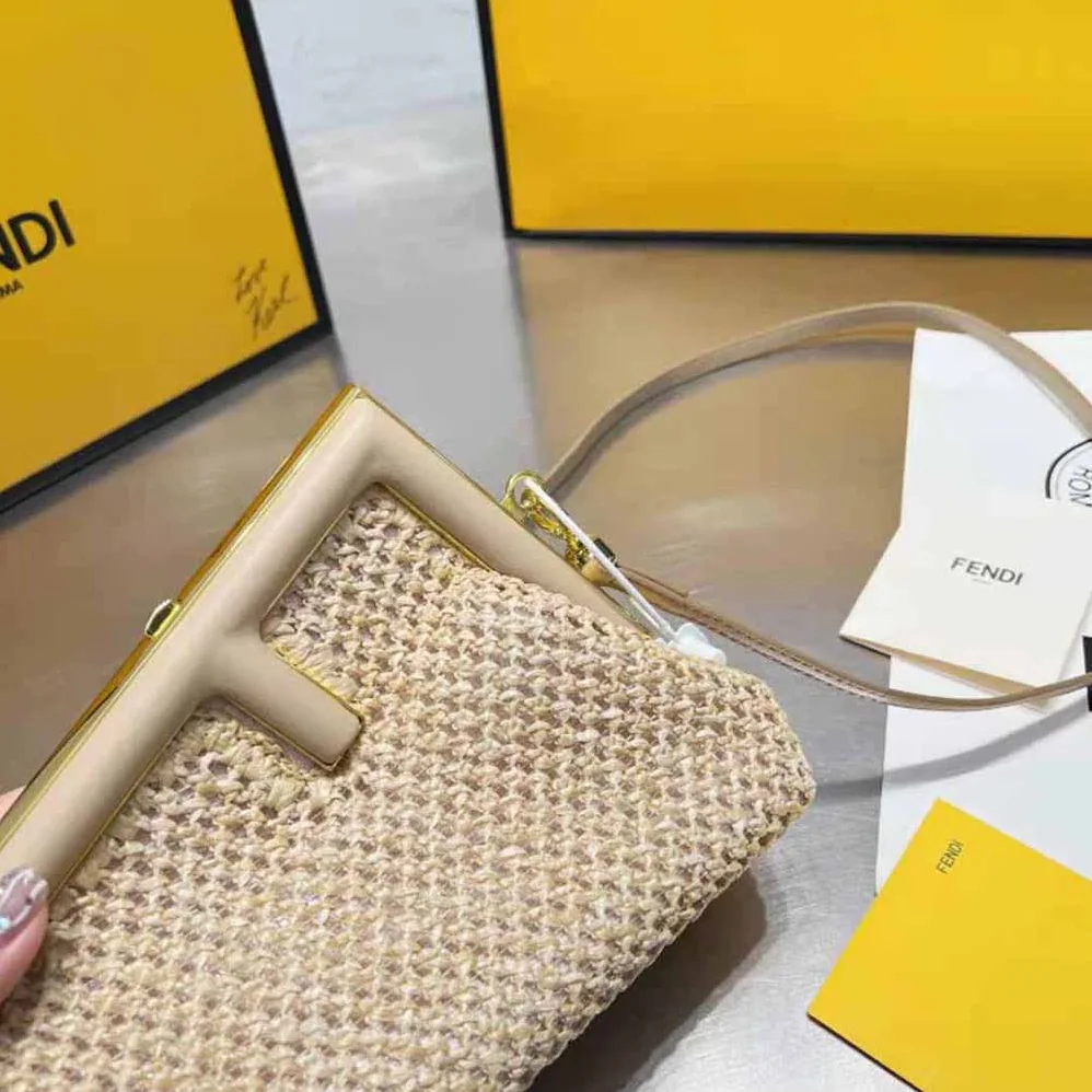 Fendi First Small Beige Raffia Macrame Bag for Women Fendi First Small Beige Raffia Macrame Bag for Women