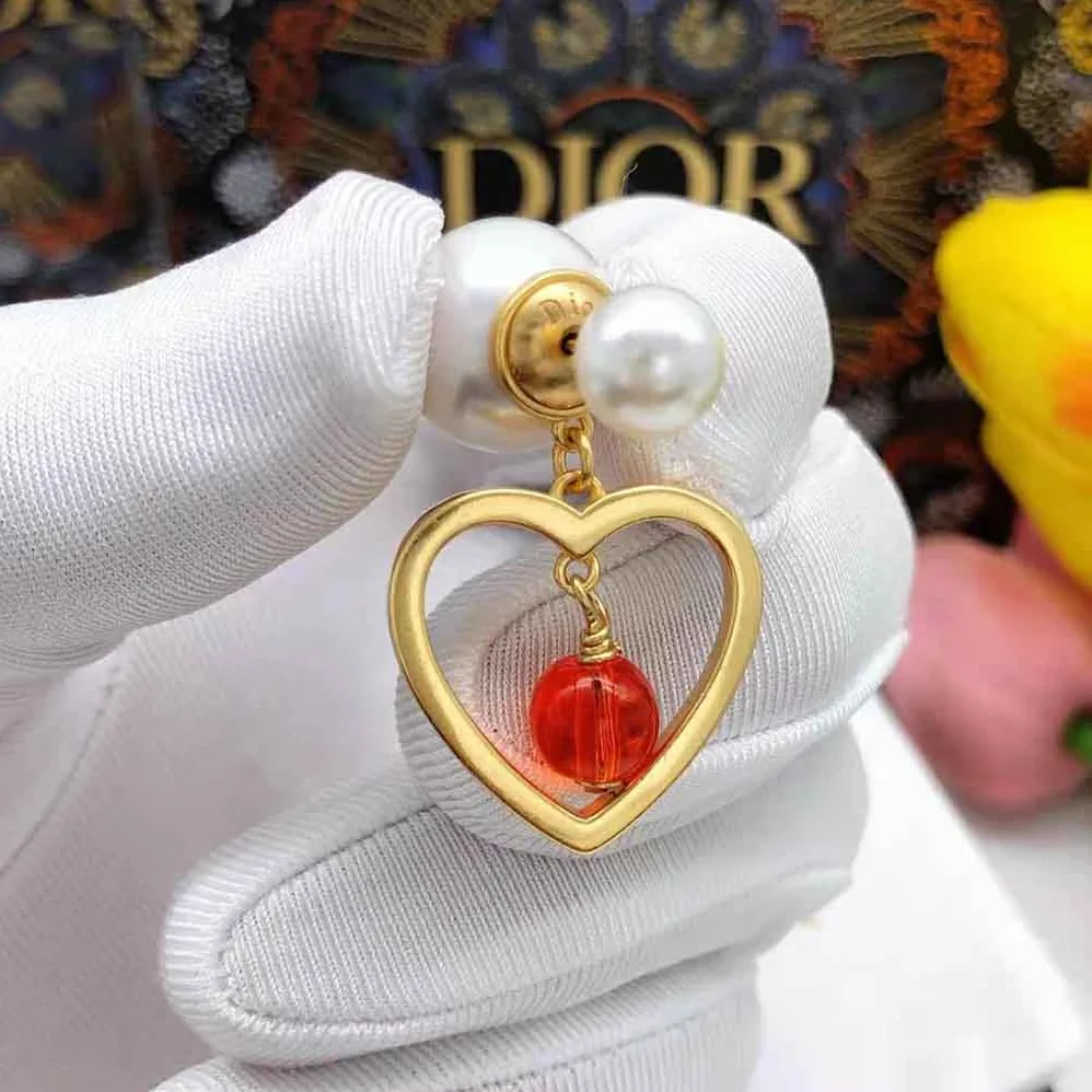 Dior Tribales Earrings Gold-Finish Metal with Red Resin Pearls for Women Dior Tribales Earrings Gold-Finish Metal with Red Resin Pearls for Women