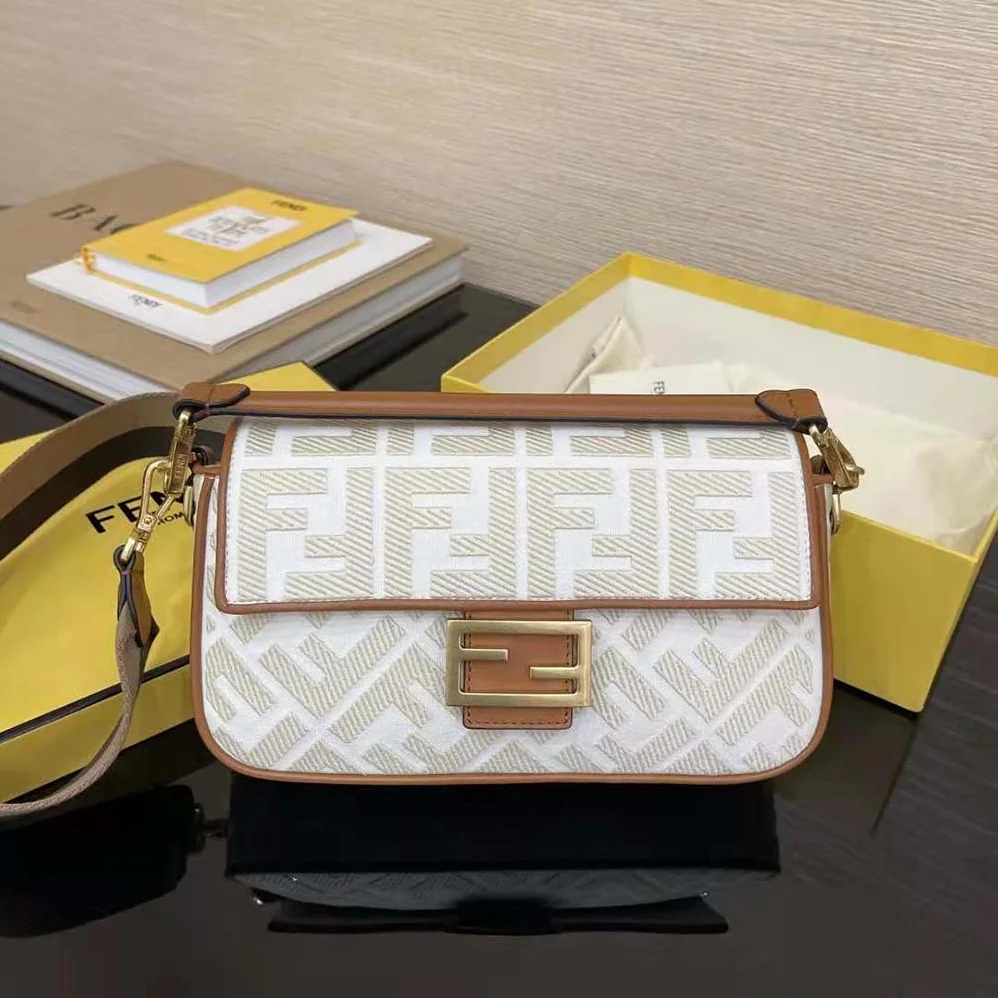 Fendi Baguette White Canvas FF Bag for Women Fendi Baguette White Canvas FF Bag for Women
