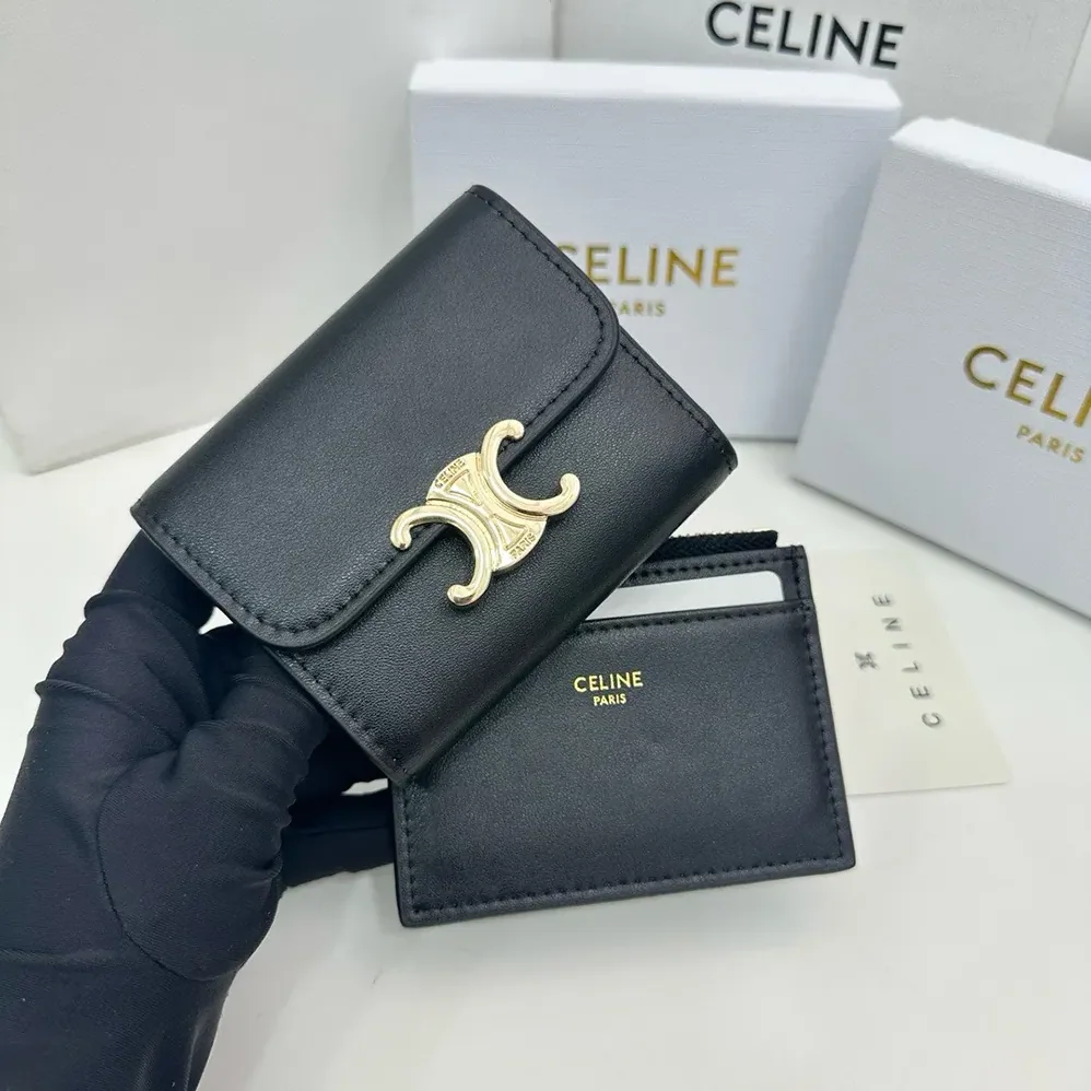 Celine Compact Wallet with Coin Triomphe in Shiny Calfskin for Women Celine Compact Wallet with Coin Triomphe in Shiny Calfskin for Women