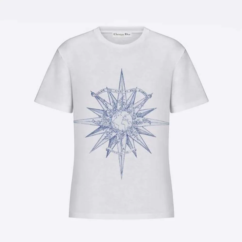 Dior T-shirt Ecru Cotton Jersey and Linen with Blue Rêve D'Infini Motif for Women Dior T-shirt Ecru Cotton Jersey and Linen with Blue Rêve D'Infini Motif for Women
