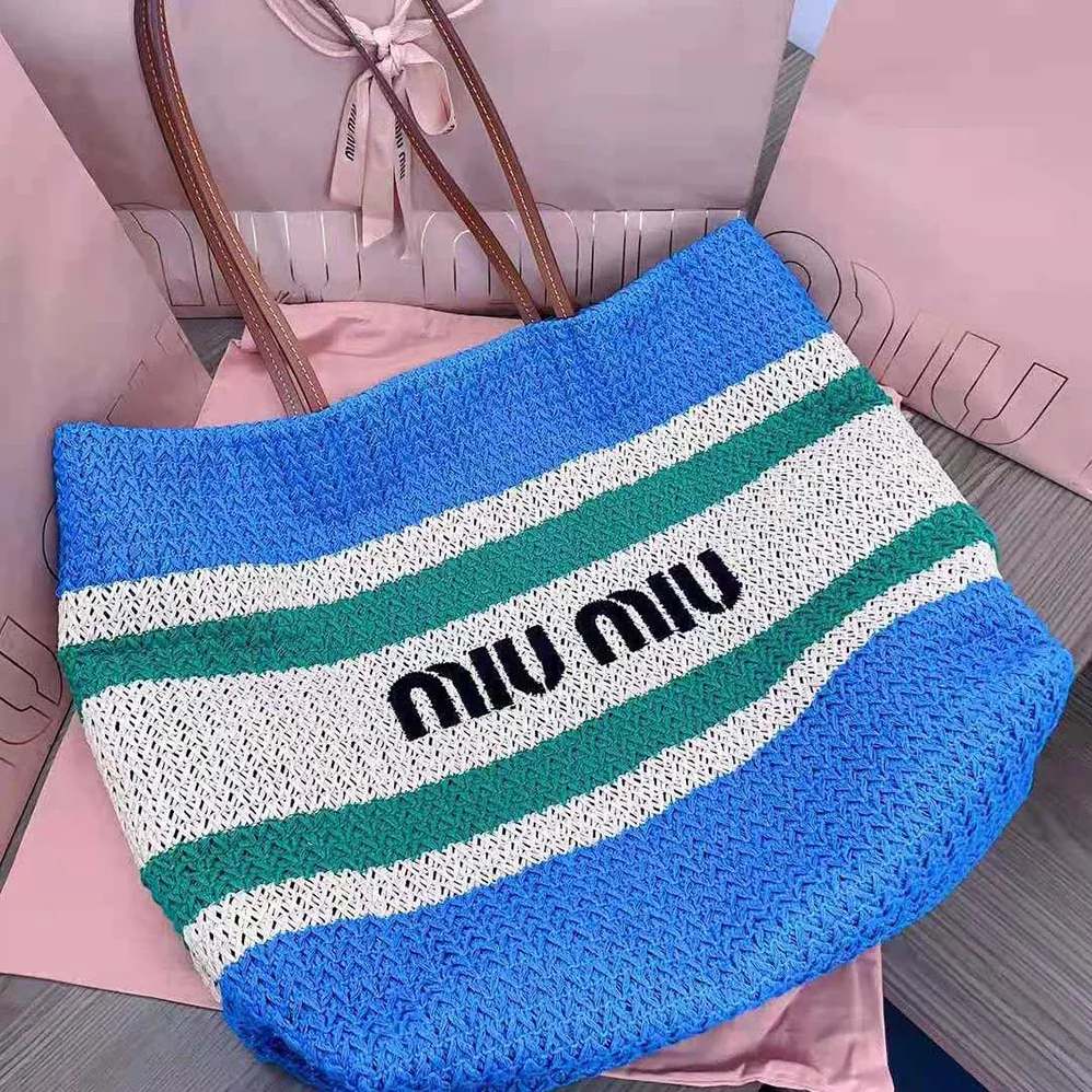 Miu Miu Woven Fabric Tote Bag for Women in Blue Miu Miu Woven Fabric Tote Bag for Women in Blue