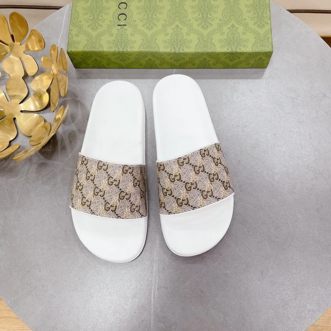 Gucci GG Slide Sandal With Bees White And Brown for Women Gucci GG Slide Sandal With Bees White And Brown for Women
